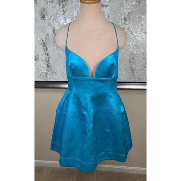 Acler Mornington Lace Back Cyan Metallic Mini Dress Size 10 - Picture 2 of 6